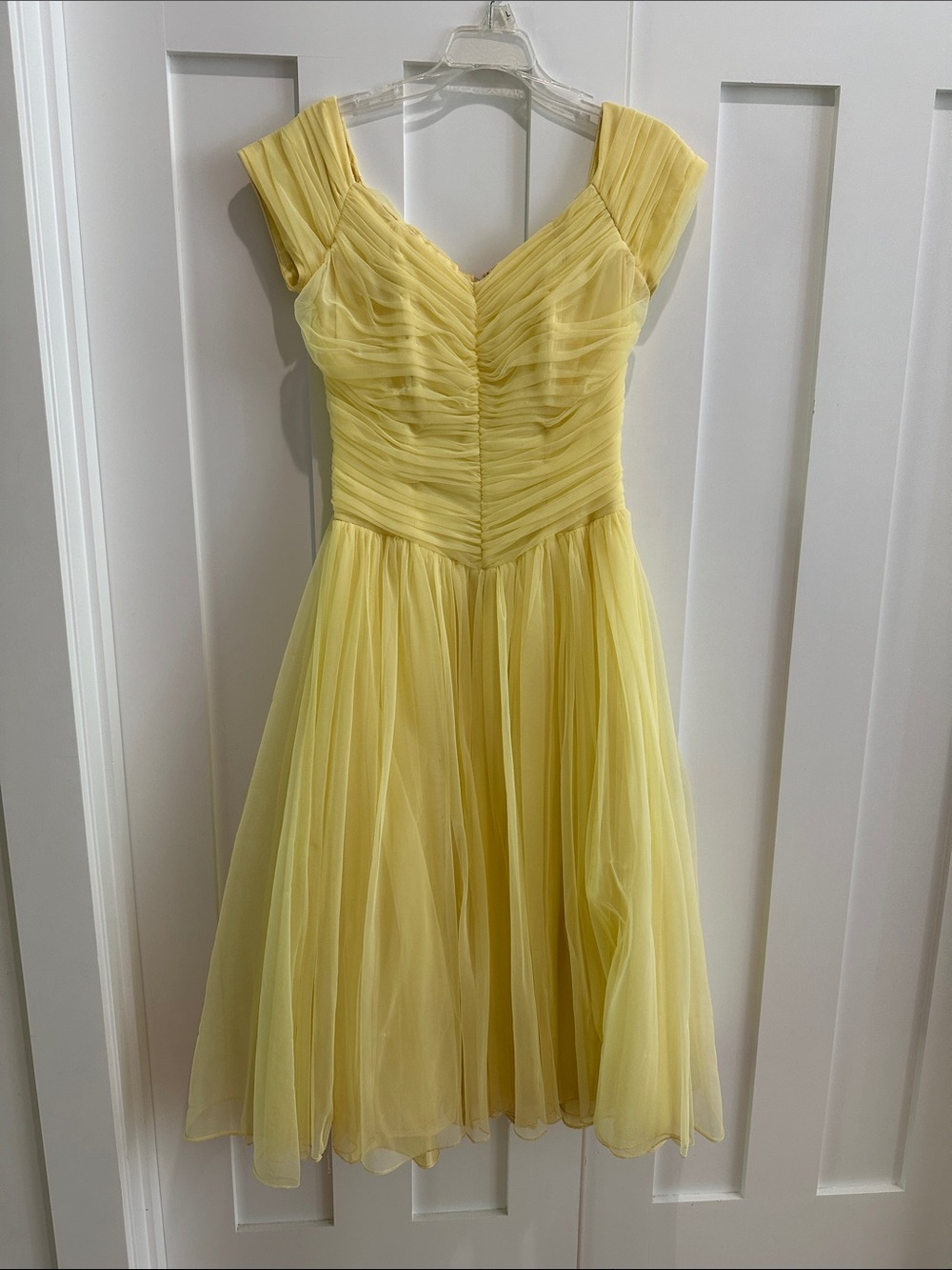 Vintage (50s or 60s) Yellow Chiffon Fit-and-Flare Dress with bones bodice